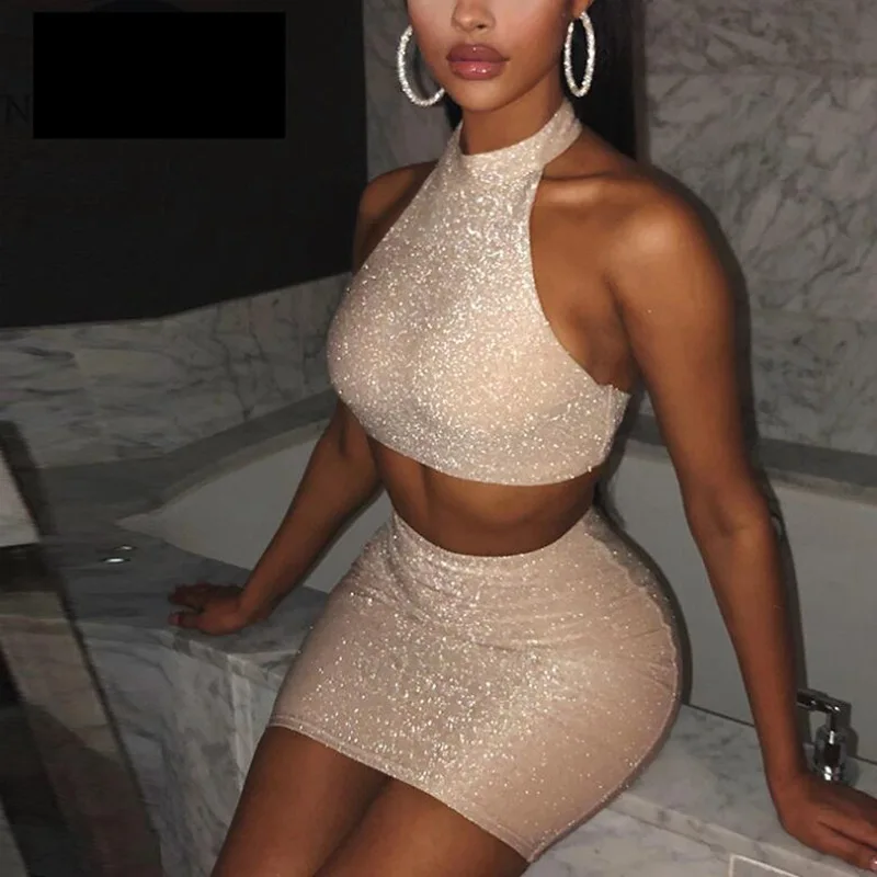 

Party Two Piece Set Halter Backless Sexy Skirt Set Double Layers Stretch Slim 2 Piece Set Women Club Outfits Red 0001