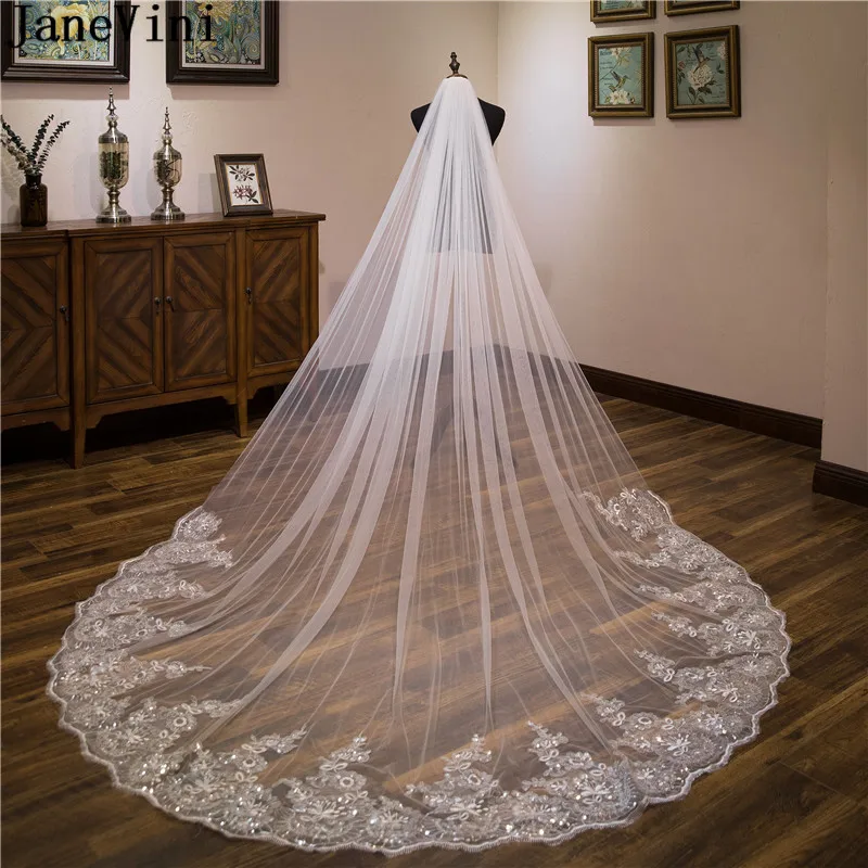JaneVini Shiny Sequined Wedding Veils Long with Comb Ivory White One Layer Lace Edge 3M Cathedral bridal veil voile de mariee | Свадьбы и