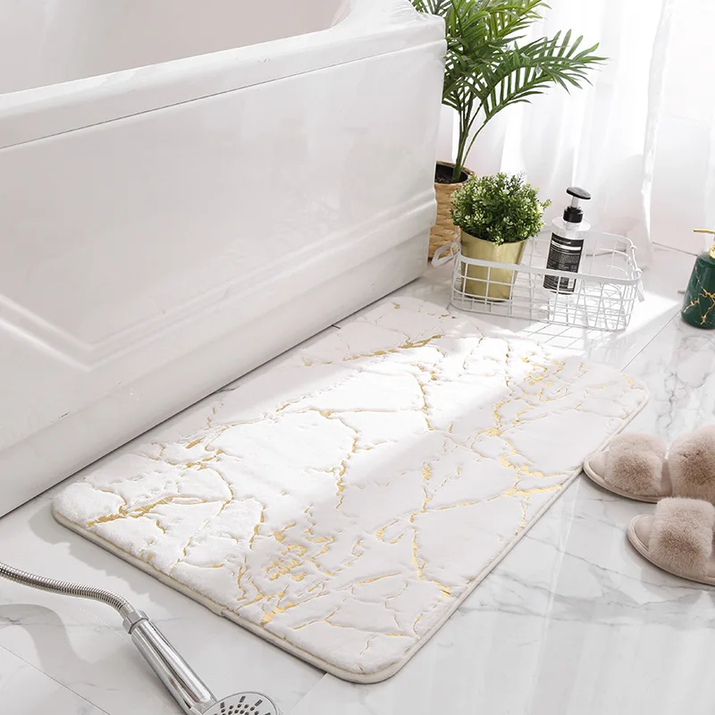 White Microfibre Marble Pattern Bath Mat Interiors with Edge