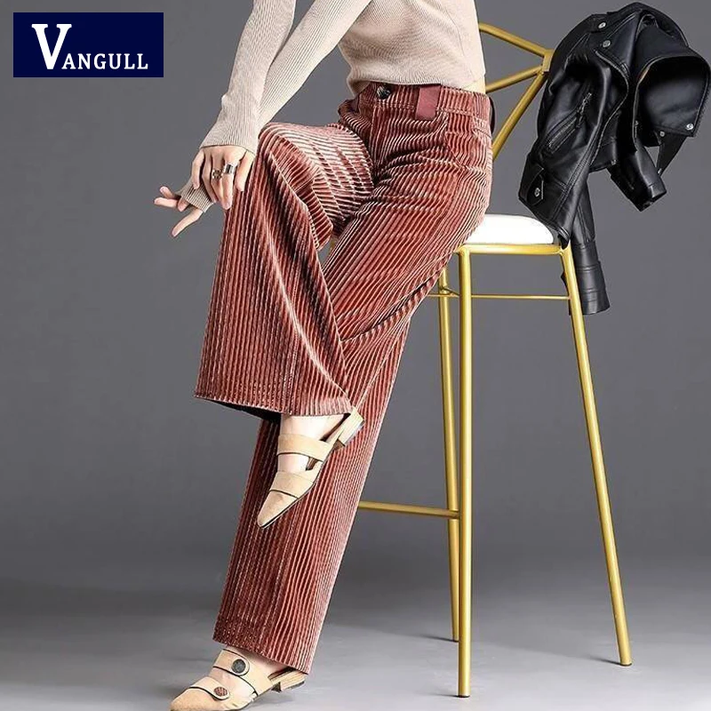 Vangull женские вельветовые брюки зимние толстые свободные широкие брюки осенние новые женские с высокой талией однотонные повседневные брюки на молнии
