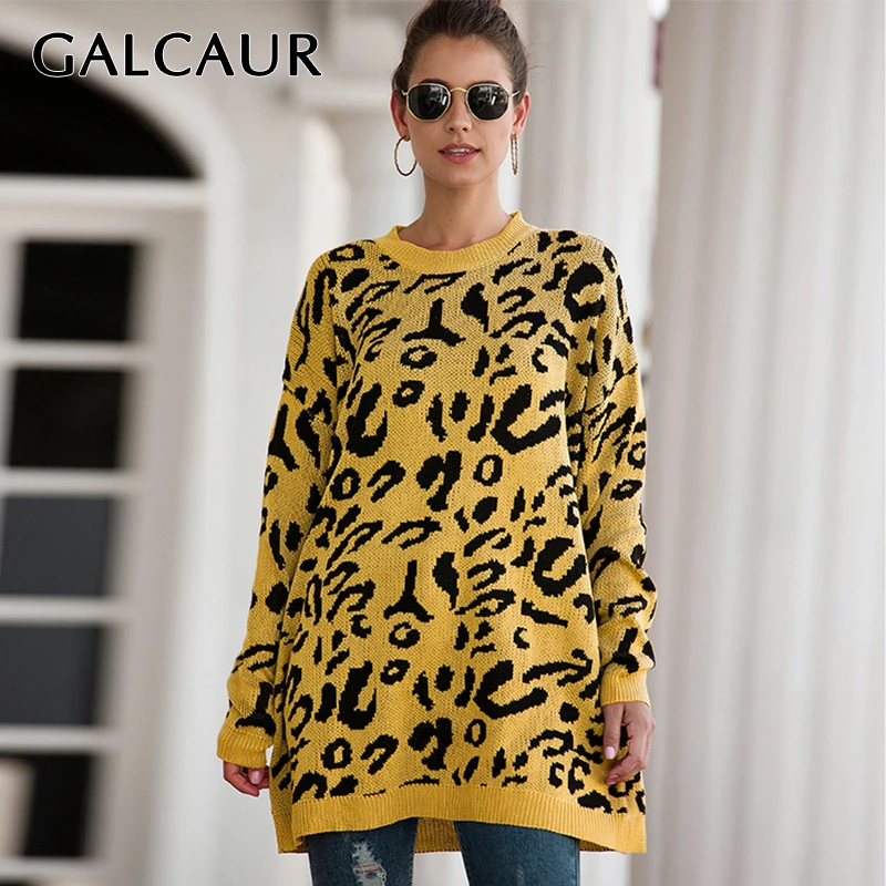 

GALCAUR Hit Color Leopard Women's Sweater O Neck Long Sleeve Knitted Sweaters Female Winter Plus Size Fashion New Clothing 2019