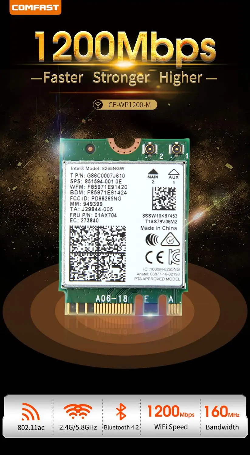 Comfast CF-WP1200-M 1200 Мбит/с гигабитный двухдиапазонный 802.11AC 5 ГГц беспроводной Wlan Wi-Fi адаптер Bluetooth 4,2 для Windows 7 8 10