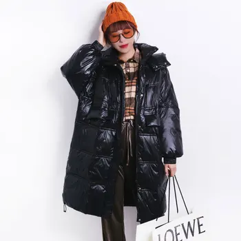 

Middle length Winter Thick Black Jacket Women Parka 2020 New Fashion Bright White Duck Down Coat Loose Warm Outerwear Hooded D58