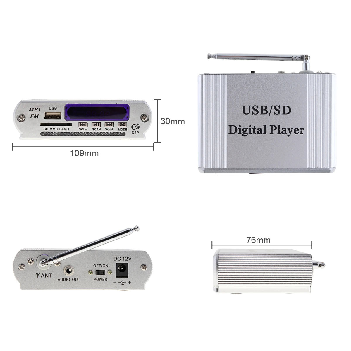 Universal Motorcycle Power Car Amplifier LED Level Display Support MP3 / FM / SD / USB Audio Player