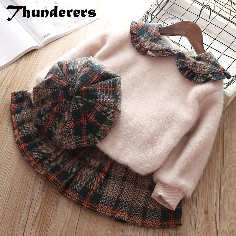 

Winter Girl Clothing Set Lapel Sweatshirt +Plaid Printed Skirt Children 2pcs Outfits Autumn Kids Toddler Clothes Suit With Hat
