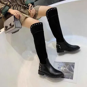 

Prowow New Black Genuine Leather Metal Studded Knee HIgh Boots Round Toe Thick Heel Low Heel Moto Boots Shoes Women