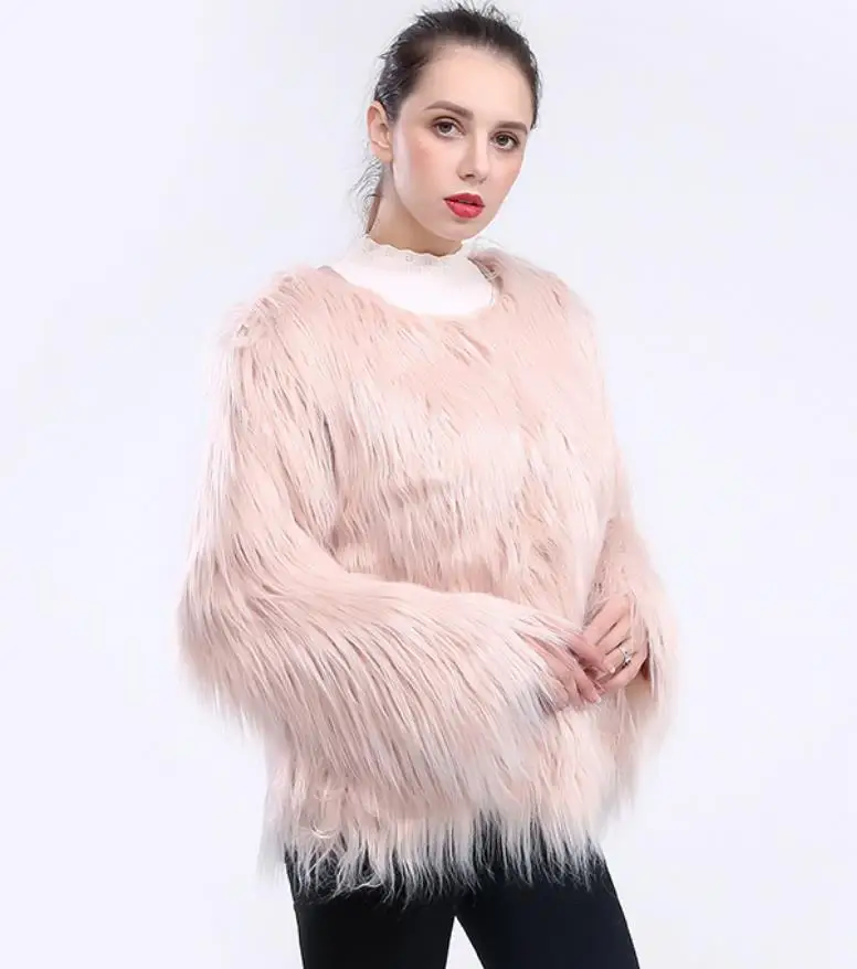Light Pink Модное пальто из искусственного меха, Женская пушистая теплая верхняя одежда, осенне-зимний жакет, женский пиджак, пальто с круглым воротником, плюс 4XL - Цвет: Light Pink