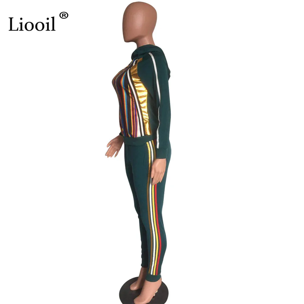 Liooil красочный полосатый комплект из 2 предметов, спортивный костюм для женщин,, с длинным рукавом, с капюшоном, на молнии, топ и спортивные штаны, набор для бегунов