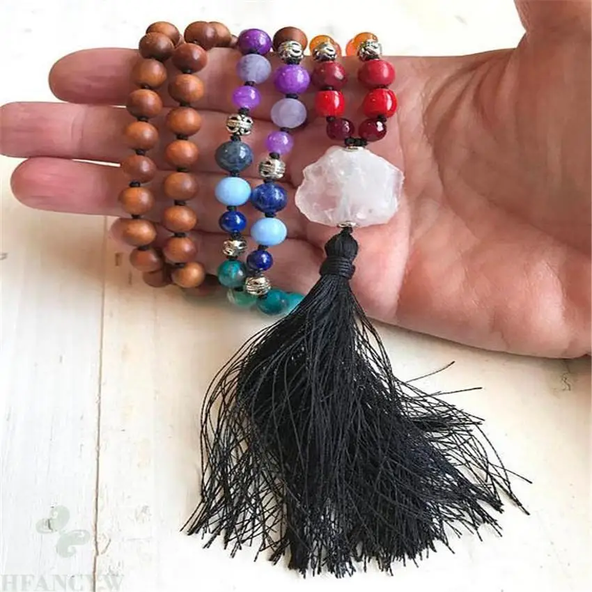 

8mm Sandalwood Colorful Gemstone 108 Beads Mala Necklace energy Reiki Chakas natural spirituality Healing Lucky MONK Gemstone