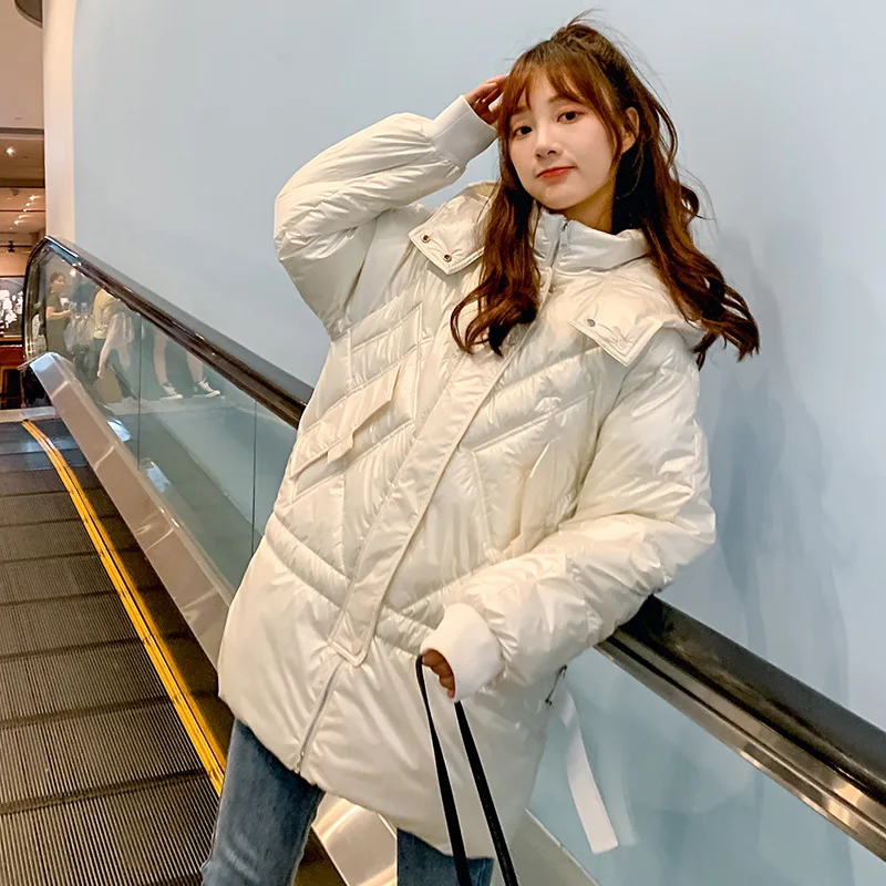 

Bright Surface Cotton-padded Clothes Women's 2019 New Style Tide Ride Mid-length Hooded Cotton Coat Women's Warm Winter Coat