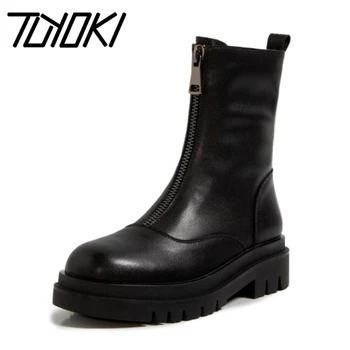 

Tuyoki Real Leather Women Mid Calf Boots Zipper Round Toe Shoes Winter Warm Boots Women Fashion Party Footwear Size 34-40