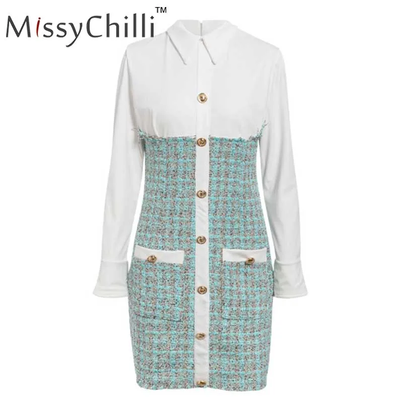 Зеленый MissyChilli, элегантное твидовое клетчатое платье на пуговицах, офисное платье, женское лоскутное платье с длинным рукавом, облегающее платье, весенние сексуальные вечерние платья, короткое платье, новинка - Цвет: Зеленый