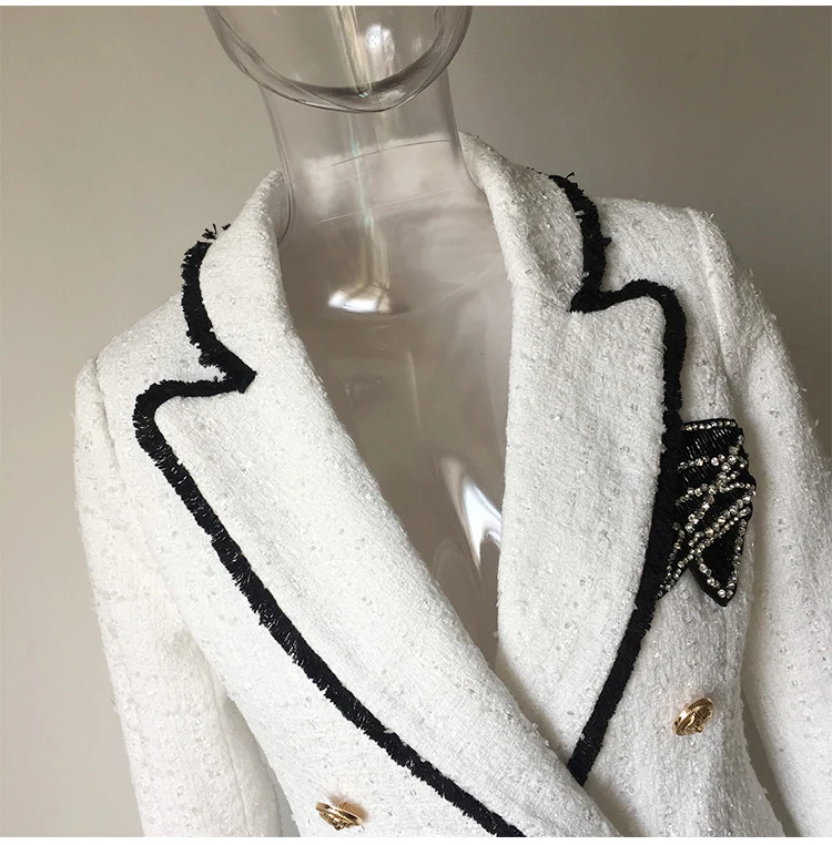 Plus Size XXXL Women High Street Long Jackets Runway Beading Double Breasted Solid Color White Slim Chic Blazers High Quality