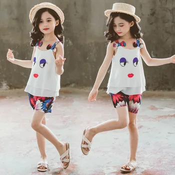 

Girls Clothes Sets Summer Kids Sleeveless Sling Tops+Pants 2Piece Children Clothing Suit Girls Outfits 4 6 7 8 9 10 11 12 Years
