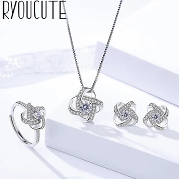 

Korean Wedding Jewelry Sets Silver Color Cross Clover Flower Necklaces Rings Earring For Women Party Gifts