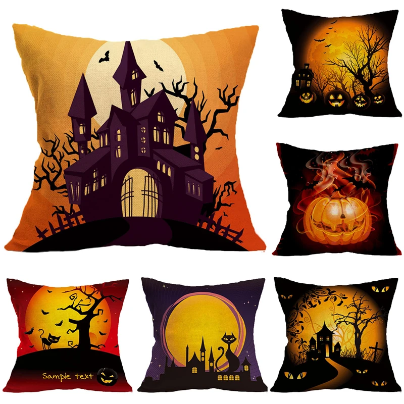 

Halloween Ghost Castle Black Cat Pillowcases Seat Sofa Pillow Cover Linen Cotton Square Green Cushion Cover for Home Decoration