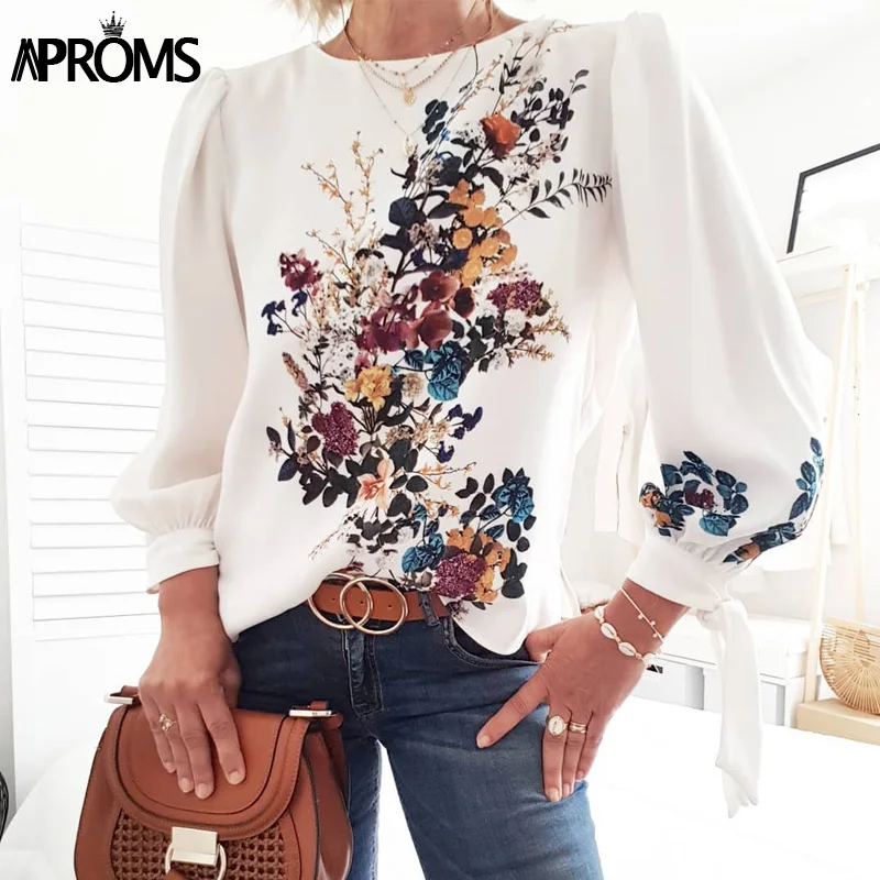  Aproms Elegant Puff Sleeve Bow Tie Shirt Sweet Floral Print O-neck Women Blouse Ladies Chic Autumn 