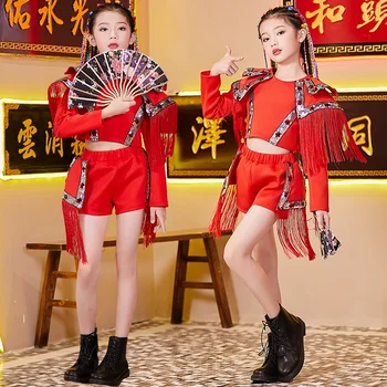 

2020 Hip Hop Dance Costumes For Kids Red Outfits Chinese Style Festival Clothing Jazz Street Dance Clothes Stage Outfits 120-170
