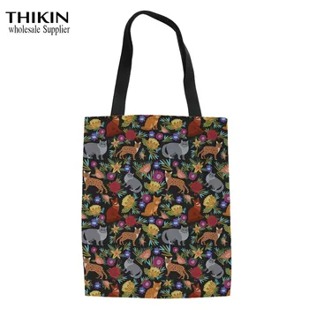 

THIKIN Flower Kawaii Cat and Puppy Pattern Shopping Bag Women Canvas Tote Bag Ladies Shoulder Shopper Bags for Reusable Tote Bag
