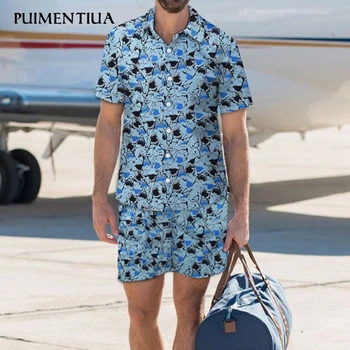 

Puimentiua Summer Men Set Short Casual Suits Beach wear Mens Clothing Man Two Pieces Print Men Hawaiian Shirt+Beach Shorts Set