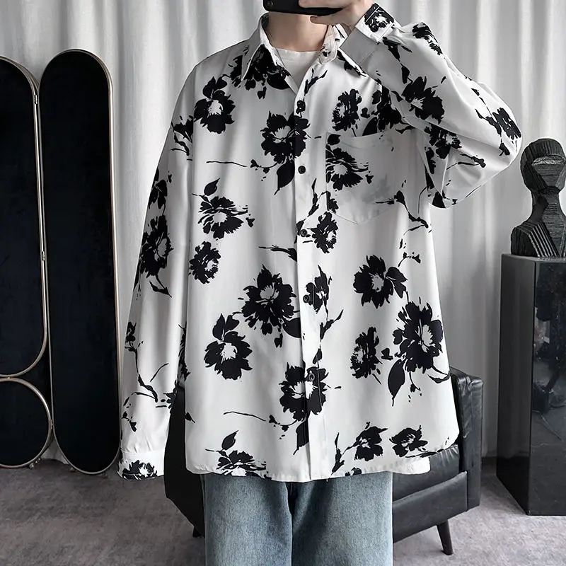 

Autumn Flower Shirt Men's Fashion Printing Business Casual Shirt Men Loose Korean Long-sleeved Shirt Mens Social Dress Shirt