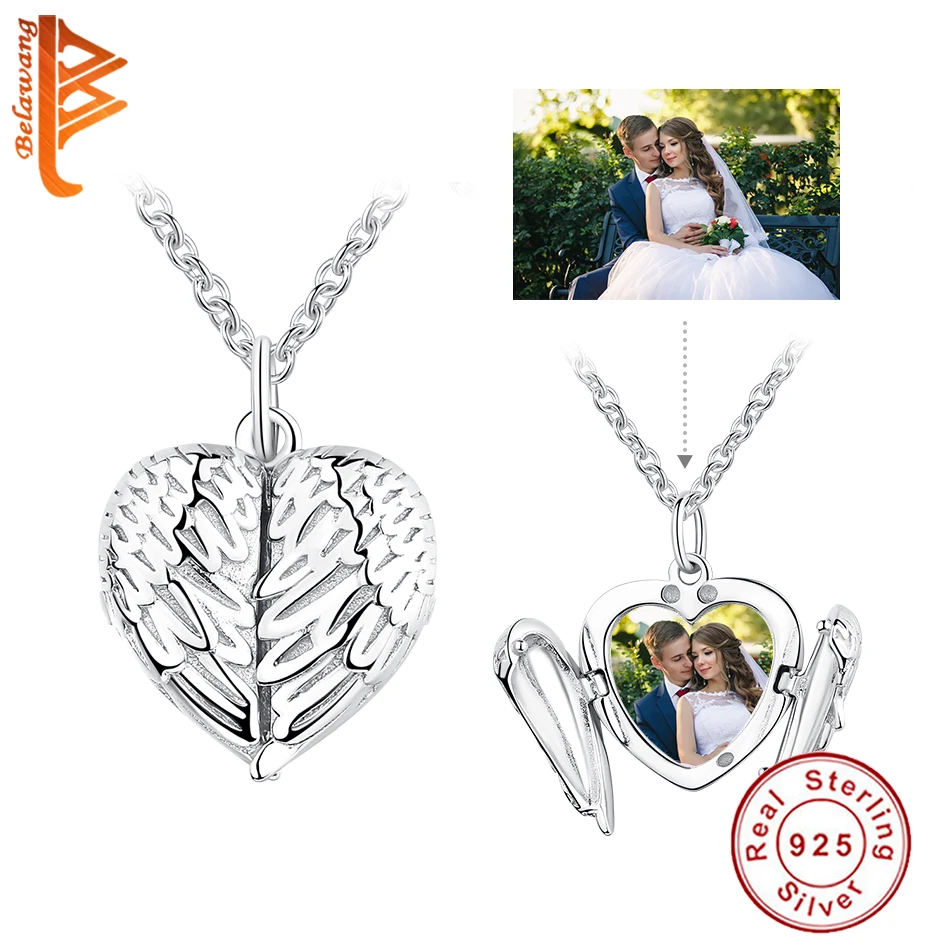 BELAWANG New 925 Sterling Silver Customize Photo Angel Wing Feather Pendant Necklaces for Women Girls Jewelry Lover Gift | Украшения и