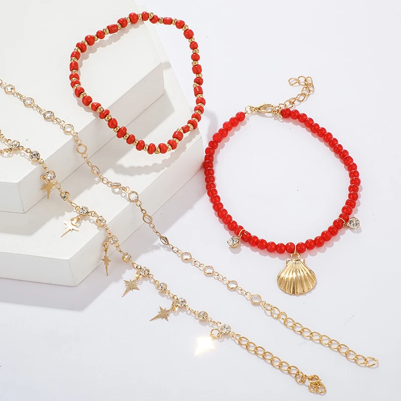 Docona Boho Shell Star Crsytal подвески-талисманы для ножного браслета набор для женщин девушка красные бусинки многоярусный ножной браслет бижутерия для ног 8528