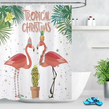 

Tropical Christmas Flamingo Bathroom Waterproof Fabric Shower Curtain Set