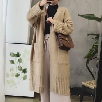 

Women Autumn Sweater Solid Color Korean Lazy Style Casual Loose Women Cardigan Thick Long Top Pockets Office Lady Sweater