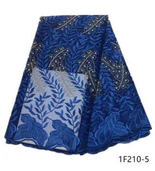 

African Embroidery French Lace Fabric Blue Color Nigerian Mesh Net Lace Material with rhinestones for Party Dress Making 1F210
