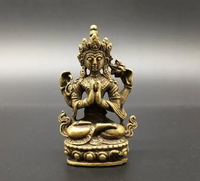 Китайская медная статуя guanyin из чистой латуни четыре руки маленькая бесплатная