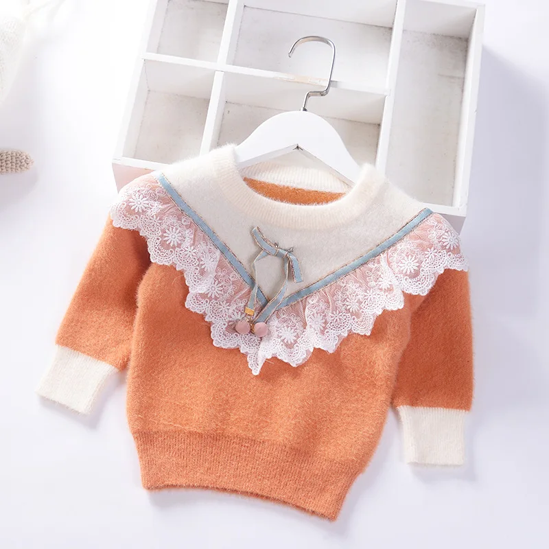 Осень-зима, свитер с круглым вырезом для маленьких девочек, комбинированный пулловер для принцессы, норковая бархатная вязаная детская одежда, детское теплое пальто с кружевным бантом - Цвет: Оранжевый