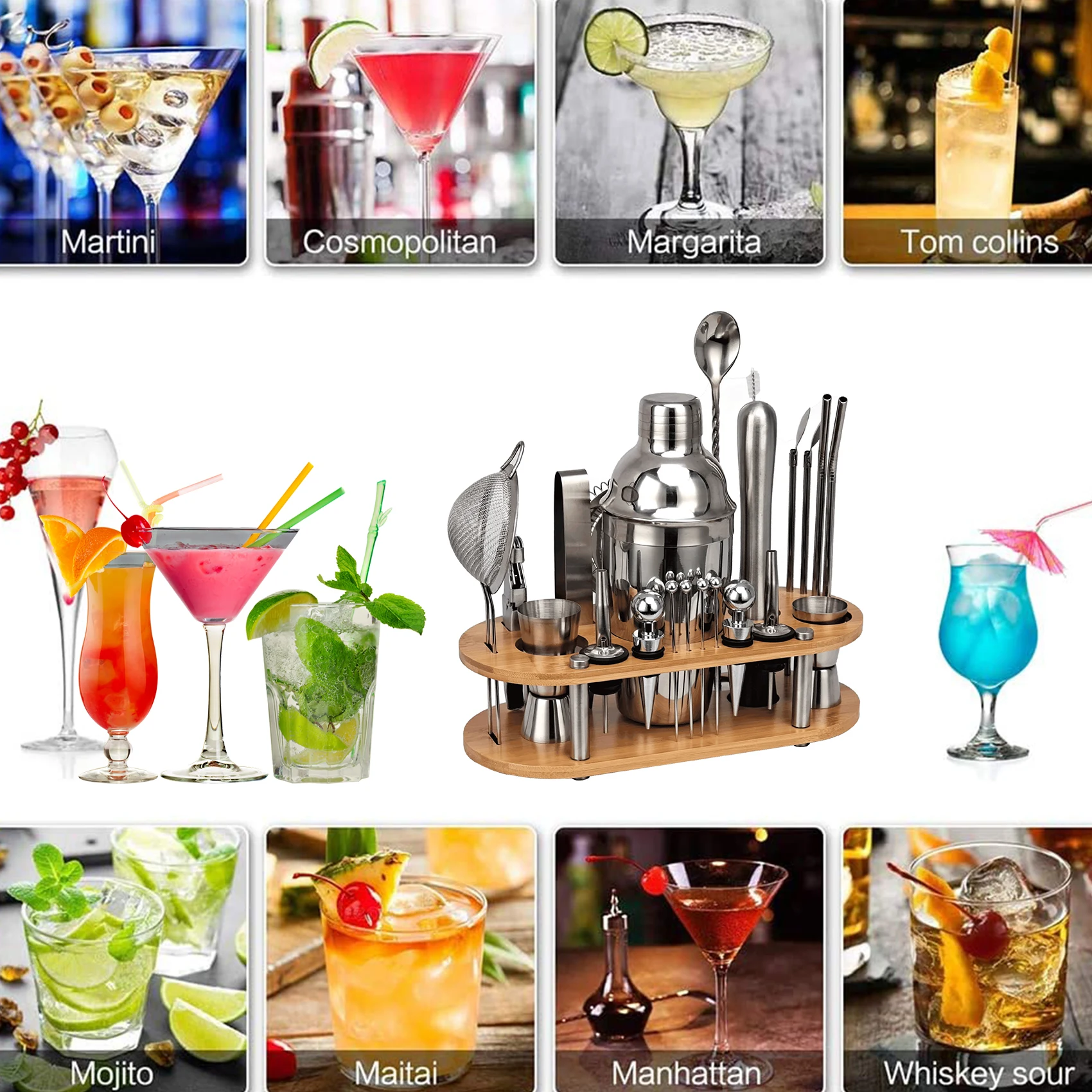 Cocktail Shaker 23-Piece Cocktail Shaker Set Bartender Kit with Oval Bamboo Stand Detachable Home Bar Tools Stainless Steel