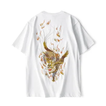 

Chinese elements heavy industry unicorn embroidery loose men T-shirt round neck cotton short-sleeved hand made T-shirt tops