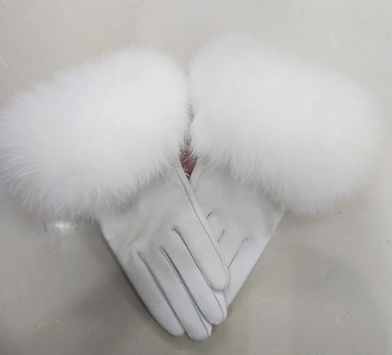 Female Luxury Real Leather Gloves With Real Fox Fur Cuff Women Warm Winter Genuine Leather Gloves Ladies Casual Hand Warmer