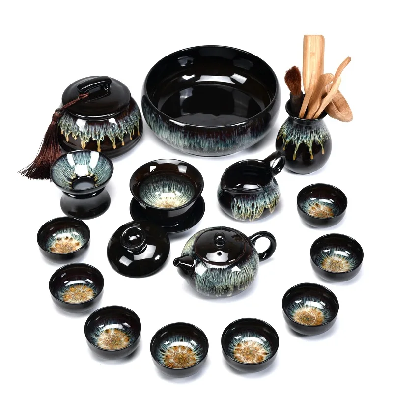 

Build Light Tianmu Alluvial Gold Glaze Kiln Baked Jun Porcelain Kiln Tea Set Characteristics Gift Tea Set Can Be Printed Logo Ma