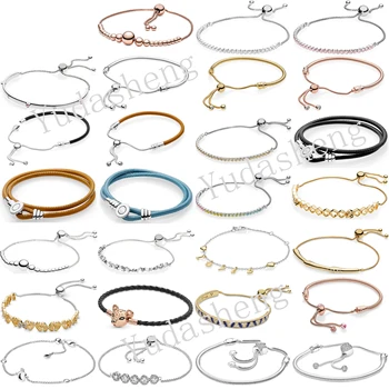 

Moments Snake Chain Sliding Bracelet Butterfly Hive Peach Blossom Star Love Hearts Adjustable Bangle Leather Bracelets