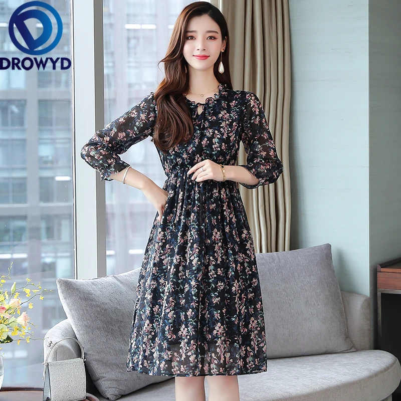 

Chiffon Multicolor Print Midi Dress for Women Autumn Boho Casual Long Sleeve Floral Dress Fashion Club Party Dresses Vestido Bow