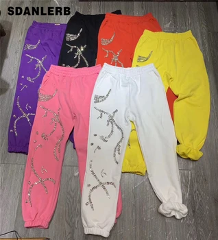 

European Style Winter Pants Woman Winter New Heavy Industry Rhinestone Color Loose-Fit Fleece-Lined Elastic-Waist Pants Casual