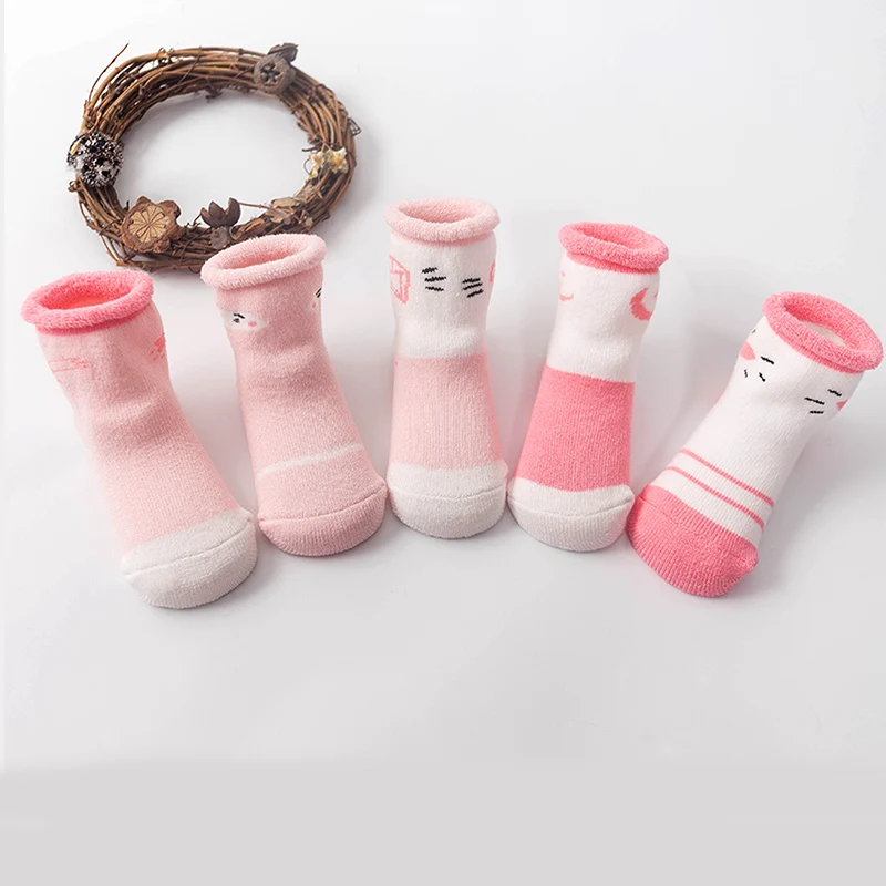 Pink 5 пар хлопковых носков для малышей зимние Утепленные носки для новорожденных мальчиков и девочек Теплые махровые носки в полоску для малышей, детские носки - Цвет: Pink