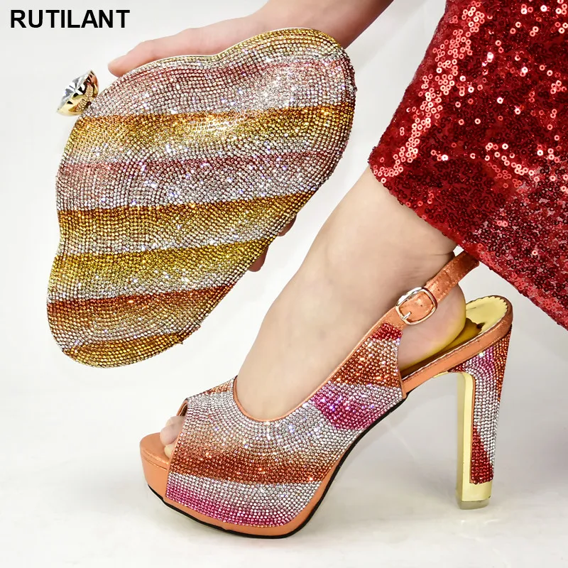 

New Italian Shoes with Matching Bags for Wedding Italy Ladies Shoes with Matching Bags Set with Rhinestone Elegant Crystal Shoes
