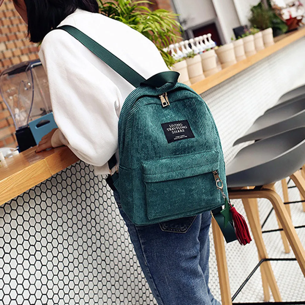 

Woman Tassel Backpacks Mini Simple Corduroy School Bag Campus Style Pure Color Leisure Rucksacks For Ladies Girls #YJ