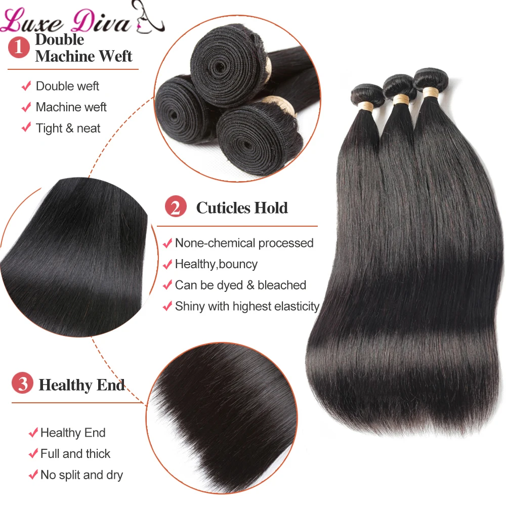 Luxediva Brazilian Human Hair Weave Straight Hair Bundles With Frontal Human Hair 3 Bundles With Closure13x4 Frontal Extension