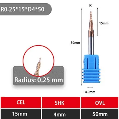 D6-R0.25-15l-D4-50L UCHEER 1 шт. 4 мм 6 мм со скошенным шариковым наконечником Концевая мельница Вольфрам прочные, покрытые карбоном конус cnc фрезерные деревообрабатывающие станки Гравировальный Бит - Длина режущей кромки: D6-R0.25-15l-D4-50L