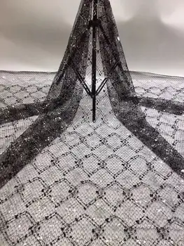 

2019 High Quality African Lace Fabric grey French Net Embroidery Sequins Tulle Lace Fabric For Nigerian party Dress