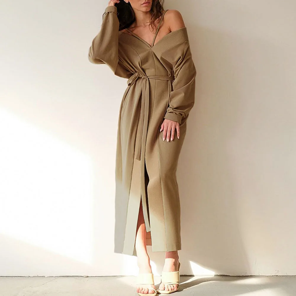 

Dress 2020 Autumn Women's Casual Batwing Long Sleeve High Waist Deep V-neck Dress Black Female Elegant Casual Dresse