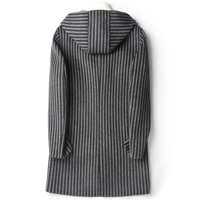 Autumn Winter Double Sided Wool Coats Top Quality Warm Hooded Striped Long Jackets casaco D-04-19525 MF642