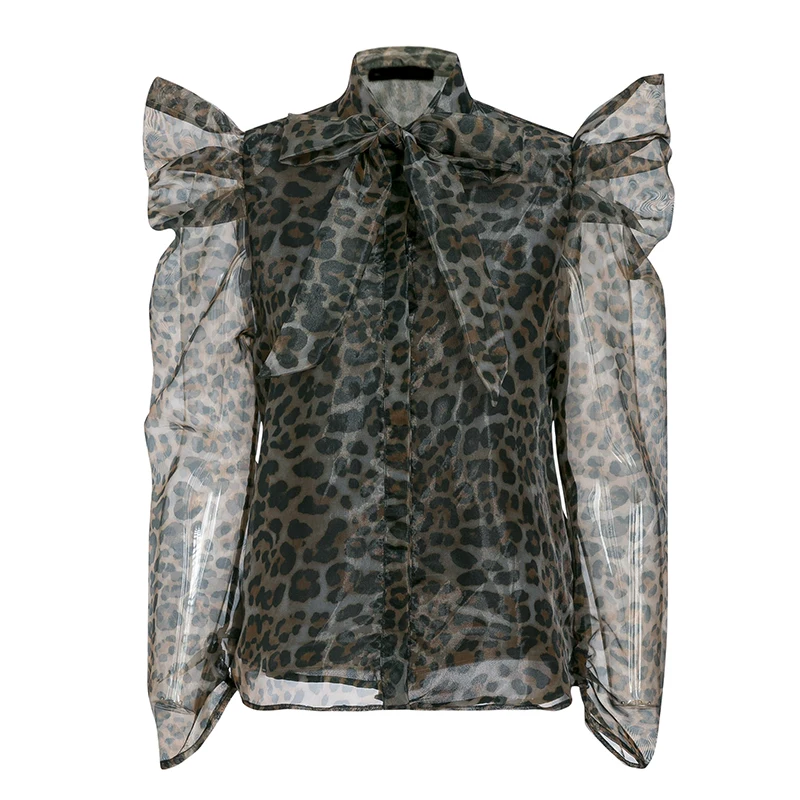 leopard BeAvant, леопардовая блузка, рубашка для женщин, с пышными рукавами, шифон, на шнуровке, галстук-бабочка, блузки, женская мода, уличная одежда, женские топы - Цвет: leopard