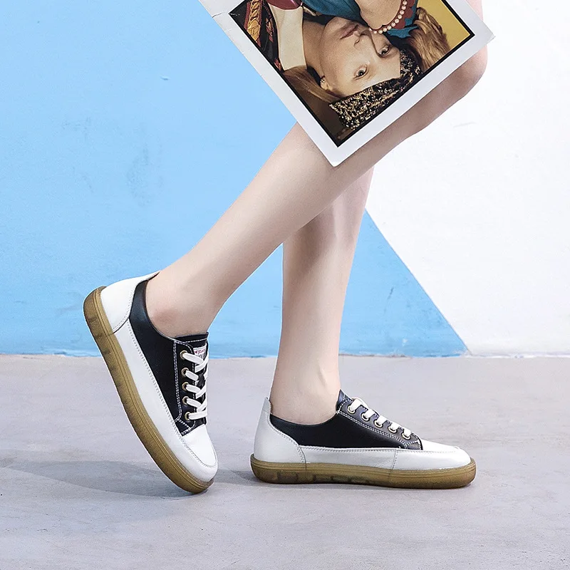 PEIPAH Women's Sneakers Genuine Leather Shoes Woman Lace- Up Flats Female Casual Solid Flats Ladies Cross-Tied Shoes Plus Size