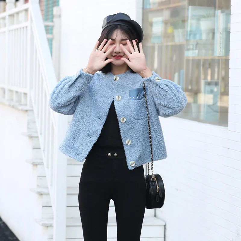 

2019 New Style Thick Korean-style Lambs Wool Fur Loose-Fit Haze Blue Short Plush Velvet Jacket Women's Autumn And Winter